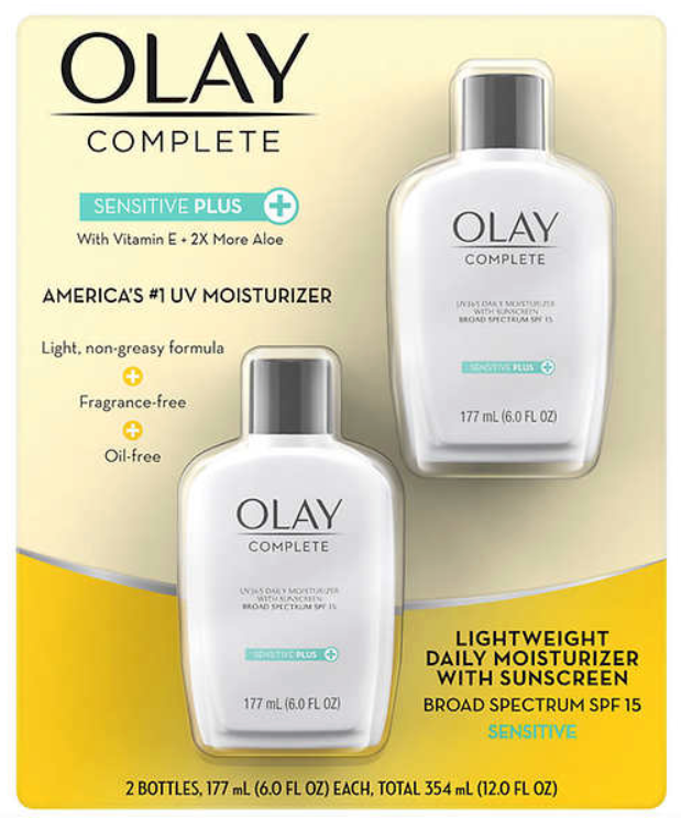 Olay Complete Sensitive Plus All Day Moisturizer with SPF 15 for Sensitive Skin, Two 6.0 oz Bottles - ADDROS.COM